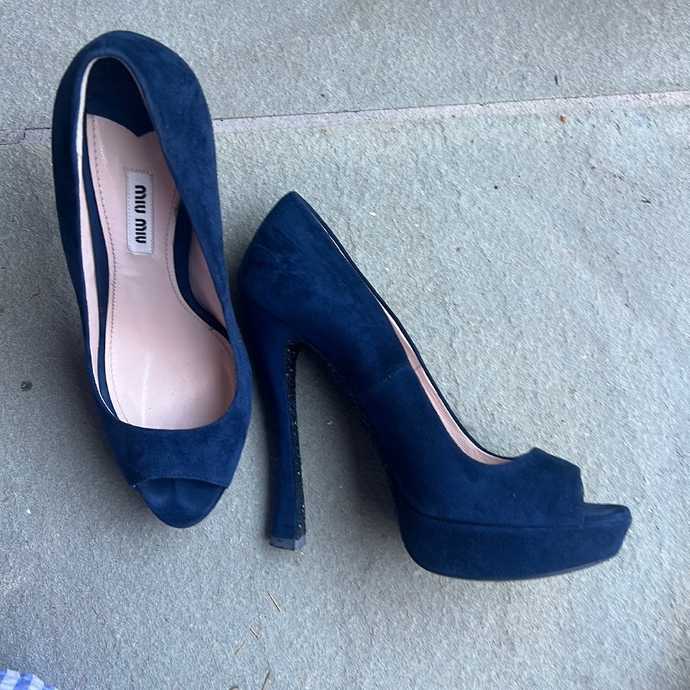 Miu Miu navy suede peep toe heels with glitter sole size 39 with box + dust bags